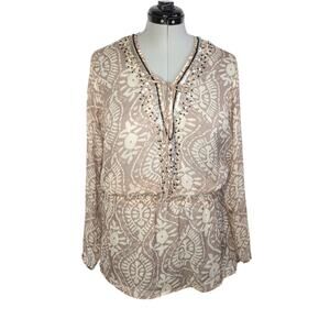 GOA beige & white patterned sheer blouse with beaded embellishments, est. L/XL